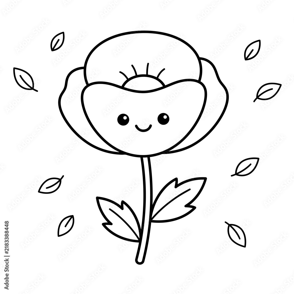 Obraz premium Cute hand drawn flower vector image featuring a happy smiling character with falling petals for coloring books