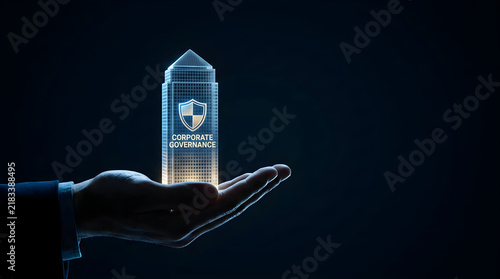 A hand holding a holographic building model representing corporate governance against a dark blue background