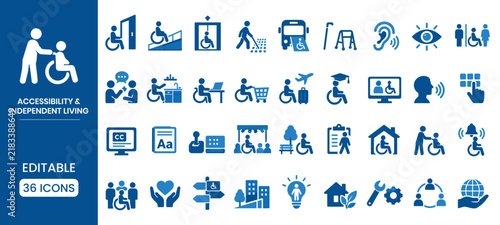 Set of 36 accessibility and independent living icons representing disability support, inclusive design, and assistive technology for people with special needs