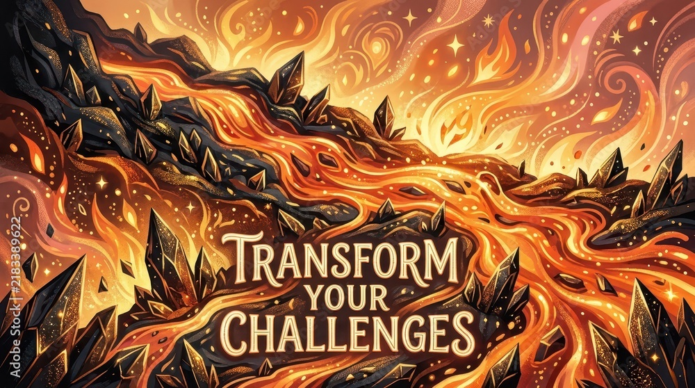 Obraz premium Transform Your Challenges: Metaphorical Landscape of Lava, Crystals, and Fiery Energy