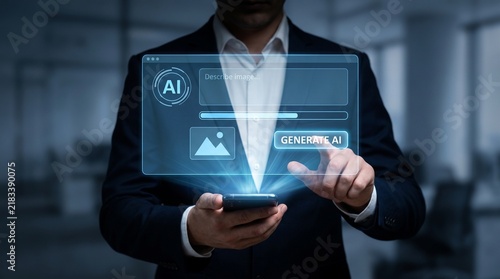 Businessman using a smartphone to interact with a digital artificial intelligence image generation interface