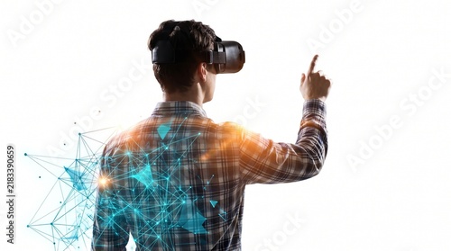Man wearing virtual reality headset interacting with digital network interface on white background with goggles