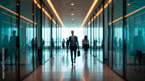 Business professionals walking through a modern office corridor with glass walls with lined glass partitions
