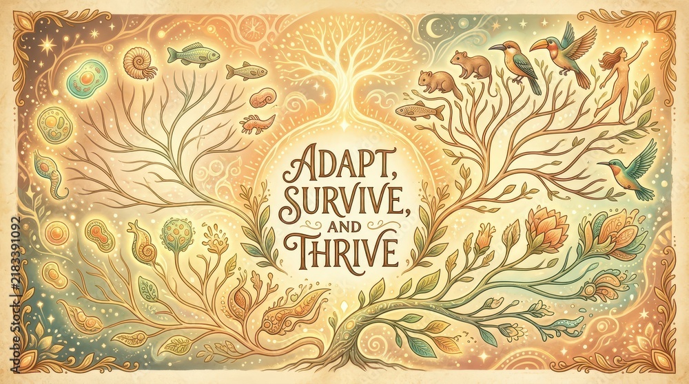 Fototapeta premium Tree of life illustration showing evolution, adaptation and survival with diverse flora and fauna, central text reads Adapt, Survive, and Thrive