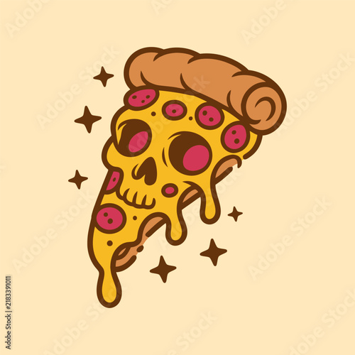 Creepy Halloween Pizza Slice with Skull Face Illustration