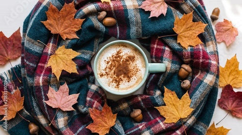 A cup of coffee with cinnamon powder surrounded by autumn leaves with scarf decorated autumn light blue coffee