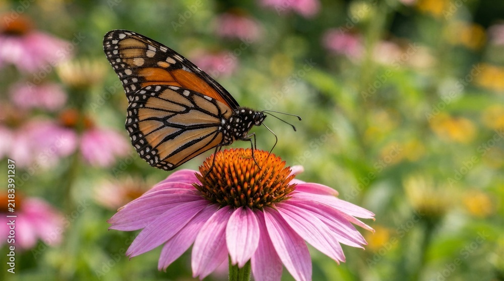Obraz premium Monarch butterfly resting on a purple coneflower in a summer meadow with summer garden macro photography sunny day blooming flower garden wildlife winged insect flying insect