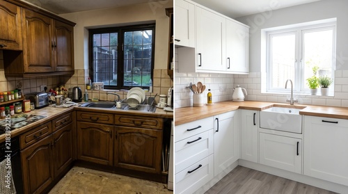Kitchen Renovation Before and After Modern White Cabinets Wood Countertop Remodel Transformation