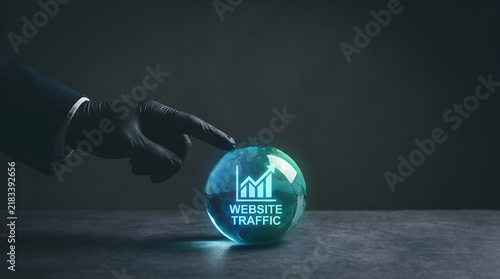A person wearing a black glove points at a glowing glass globe showing website traffic data