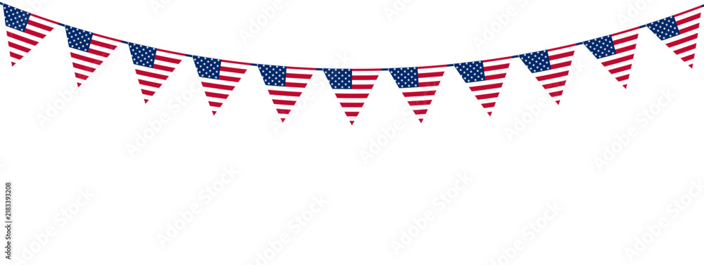 Fototapeta premium USA party bunting flags garland isolated on transparent background. Copy space. PNG. Vector