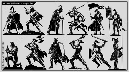 Black and gray silhouette set of 10 medieval knights in dynamic battle poses with swords, shields, axes, spears, and banners on a dark background, perfect for fantasy and history themes.