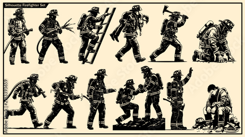 Detailed black and beige silhouette set of firefighters in various action poses including rescuing, carrying ladders, using hoses, and aiding victims, ideal for emergency service themes.