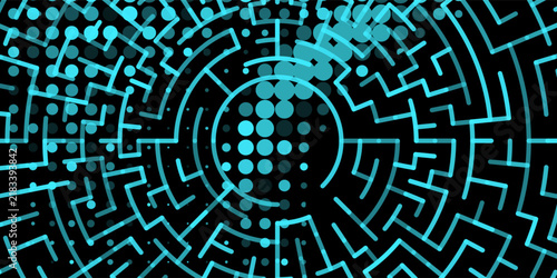 Abstract Cyan Circular Geometric Maze Pattern with Concentric Rings and Halftone Dots.