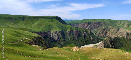 Obraz na plátne Green Canyon Landscape with River Valley and Cliffs