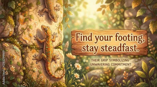 Two geckos clinging to a stone wall with vines and flowers, inspiring message about steadfastness