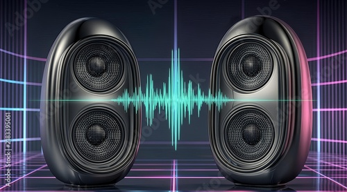 Dynamic Stereo Speakers Emitting Vibrant Sound Waves in a Futuristic Digital Environment