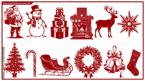 Red and white Christmas silhouette set featuring Santa, snowman, fireplace, reindeer, tree, sleigh, wreath, bells, candy cane, star, and stocking for festive holiday design projects.