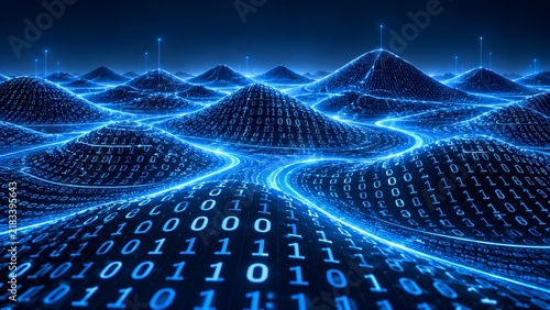 Obraz w ramie Binary code landscape topography representing big data navigation and cyberspace information highway