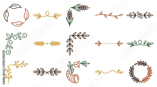Bild auf Leinwand Rustic floral dividers and botanical line art borders, 15 autumn leaf and wheat