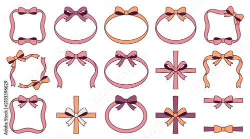 Decorative ribbon frames and bow borders, set of 15 elegant pink and orange vector elements, festive gift wrapping ornaments isolated PNG with Transparent Background Editable EPS