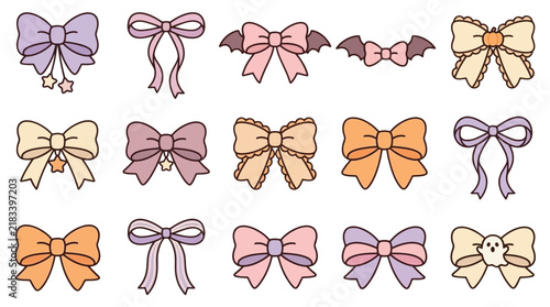 Kawaii Halloween bow icons, pastel gothic ribbon set with bat wings and ghosts, 15 cute spooky vector elements for scrapbooking isolated PNG with Transparent Background Halloween Editable EPS