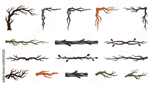 Spooky dead tree branches and thorny vine borders, 14 rustic wood dividers and corner elements, dark forest vector set isolated PNG with Transparent Background Halloween Editable EPS