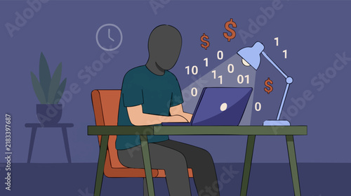 Foto Cybercrime concept with masked hacker, laptop, binary code, and dollar signs