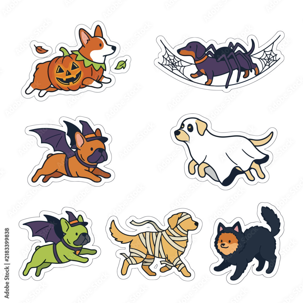 Obraz premium Cute Halloween Dog Sticker Set with Spooky Costumes and Pumpkins