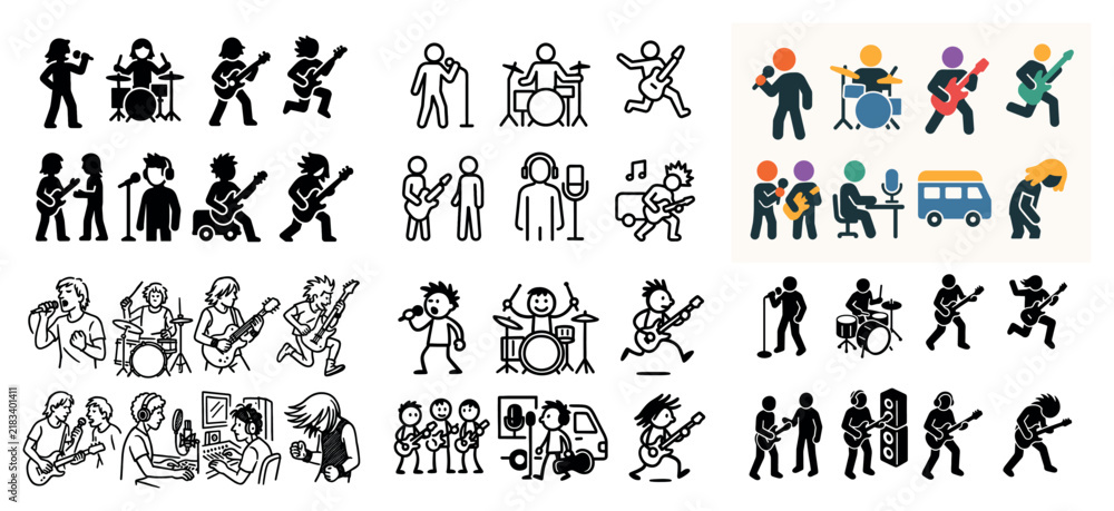 Obraz premium Music icons with guitar drum singer silhouette
