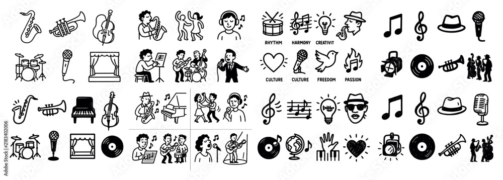 Obraz premium Music icons with saxophone drum microphone outline