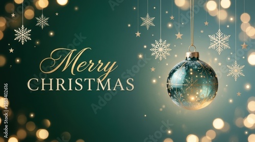 Elegant Merry Christmas greeting with festive ornaments and bokeh lights