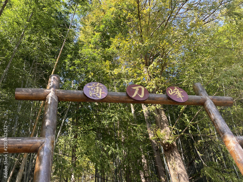 Foto Wooden entrance gate in bamboo forest at Bo Dao Feng Scenic Area, Huanggang, Hub
