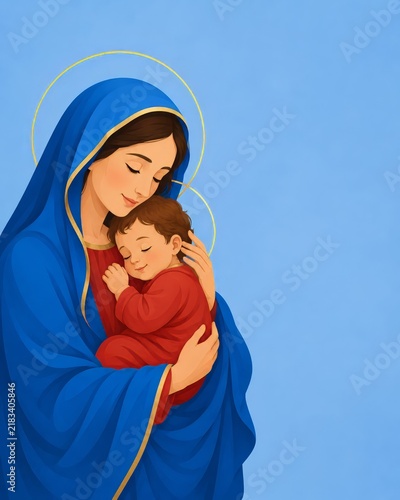 Virgin Mary cradling sleeping baby Jesus with halos and blue copy space, Christian devotional illustration