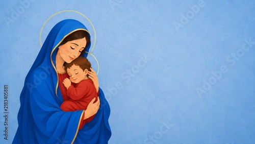 Virgin Mary cradling baby Jesus with halos on blue copy space, Christian religious illustration