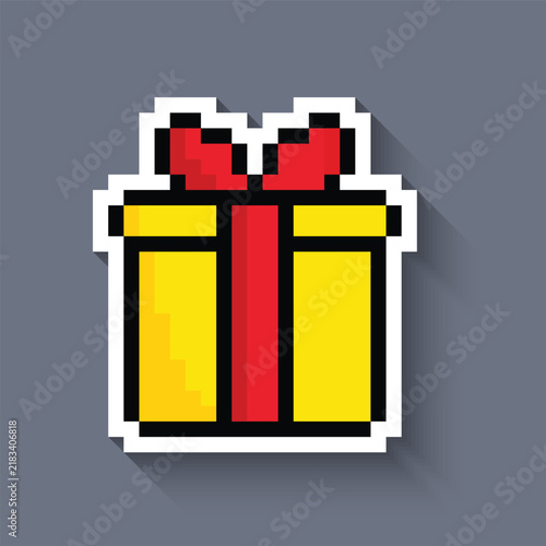 Gift box pixel art icon with long shadow sticker 8 bit vector for computer game logo Christmas birthday