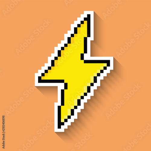 Lightning bolt pixel art icon with long shadow sticker 8 bit vector for computer game logo