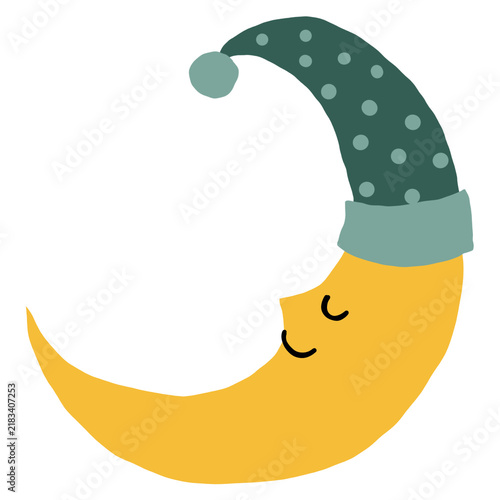 cartoon illustration of the moon wearing a sleeping cap and dozing off 