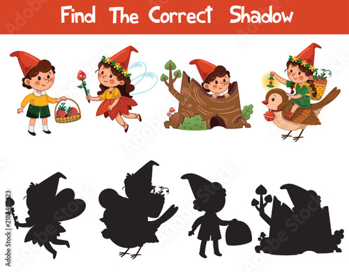 Woodland Fairy & Gnome Shadow Matching – Preschool Matching Activity.A fun woodland-themed shadow matching activity featuring a cute gnome boy, magical fairy girls, a tree stump, and a woodland bird. 