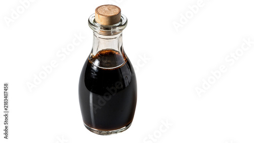 Konstfotografi Small glass bottle filled with dark soy sauce isolated on transparent background