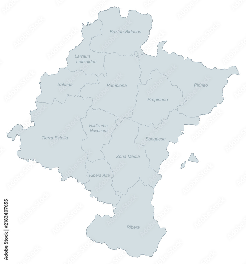 Obraz premium Map of the Chartered Community of Navarre (Comunidad Foral de Navarra) in Spain showing administrative regions.