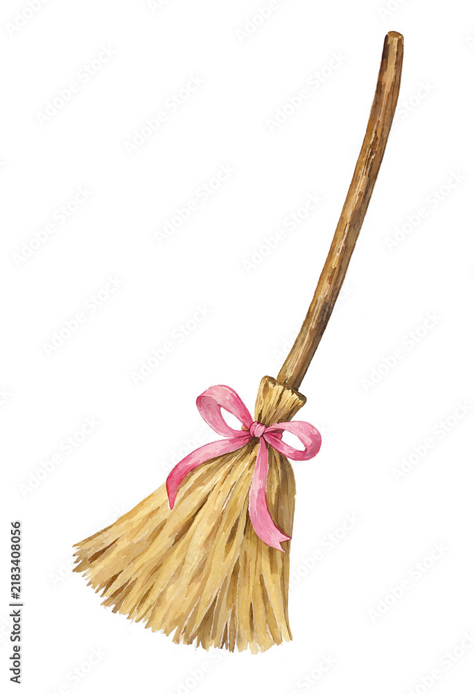 Obraz premium Classic wooden witch besom broom decorated with a cute pink ribbon bow for Halloween and magical autumn themes