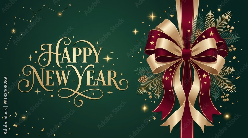 Naklejka premium Elegant Happy New Year greeting with festive ribbon and pine branches