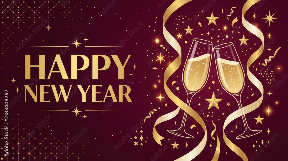Fototapeta premium Happy New Year celebration with champagne glasses and golden ribbons