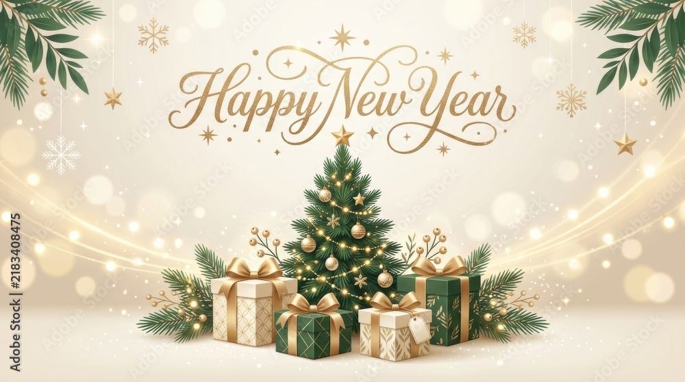Naklejka premium Happy New Year celebration with decorated Christmas tree and gift boxes