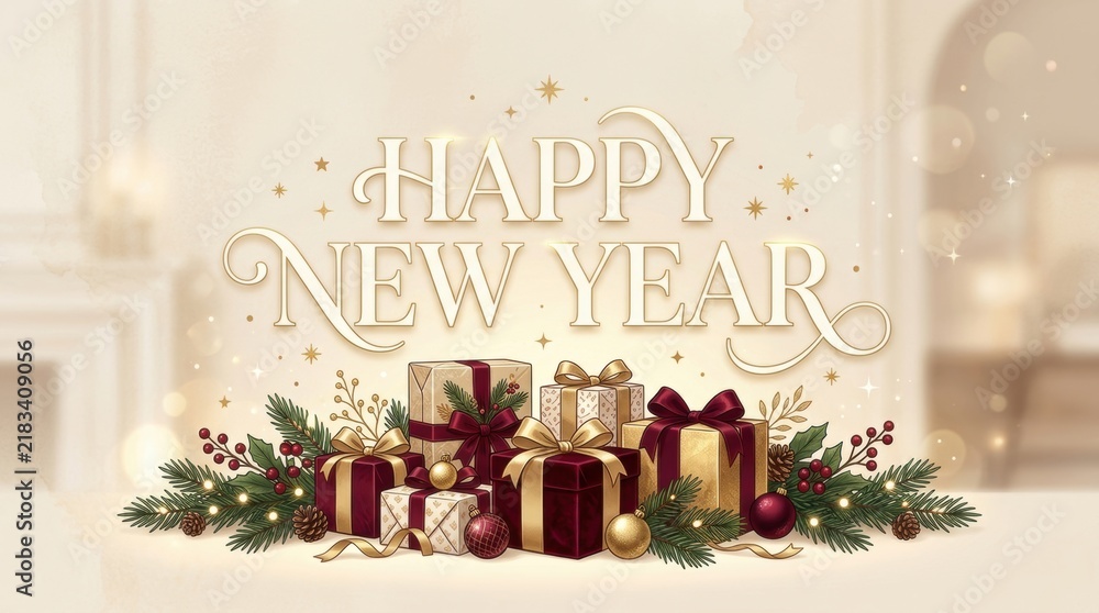 Fototapeta premium Elegant Happy New Year greeting with festive gifts and pine branches