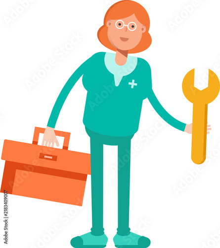 Female Doctor Character Holding Toolbox and Wrench
