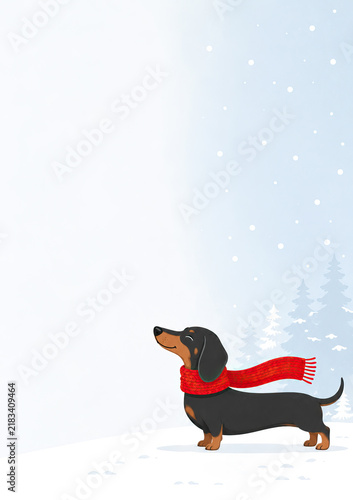A stylized dachshund against a snowy background. Cover for a book or notebook.