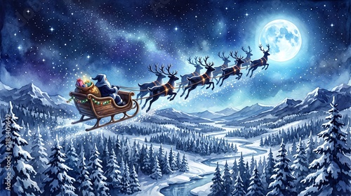Santa Claus flying a reindeer sleigh over a snowy pine forest under a full moon in a starry night watercolor illustration