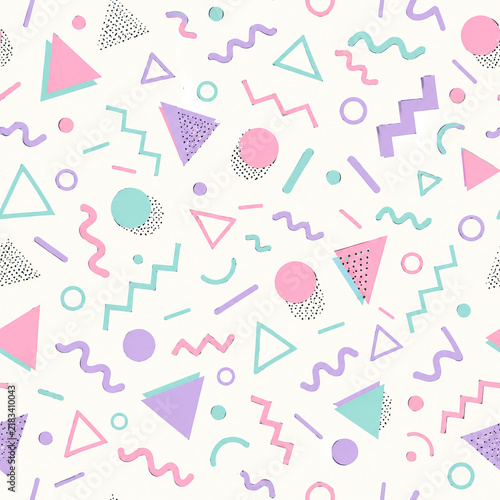 A chaotic arrangement of geometric shapes creates a busy, playful composition across a pale beige background.