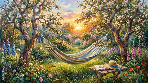 Striped hammock hanging between blooming trees in a vibrant garden during sunset with an open book and a straw hat on a wooden table